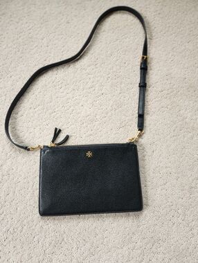 Tory Burch Black Pebbled Leather Crossbody Bag with Gold Hardware